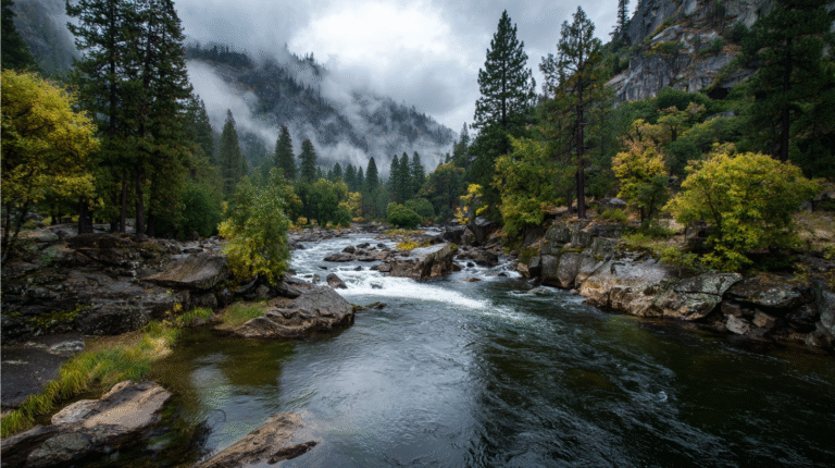 A river, one of the iconic waterways for successful prospecting, flows through a rocky, forested area with pine trees and mist-covered mountains in the background.