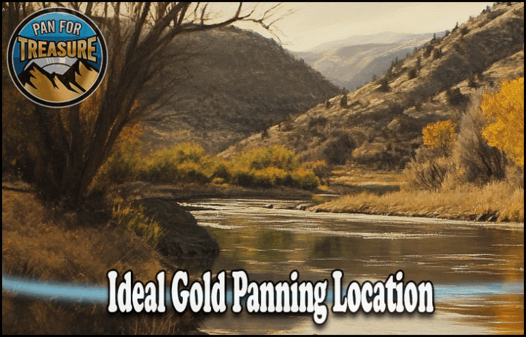 A river winds through a mountainous landscape dotted with trees and grass; text reads "Where to Begin: Selecting the Ideal Gold Panning Location," with a "Pan For Treasure" logo in the corner.