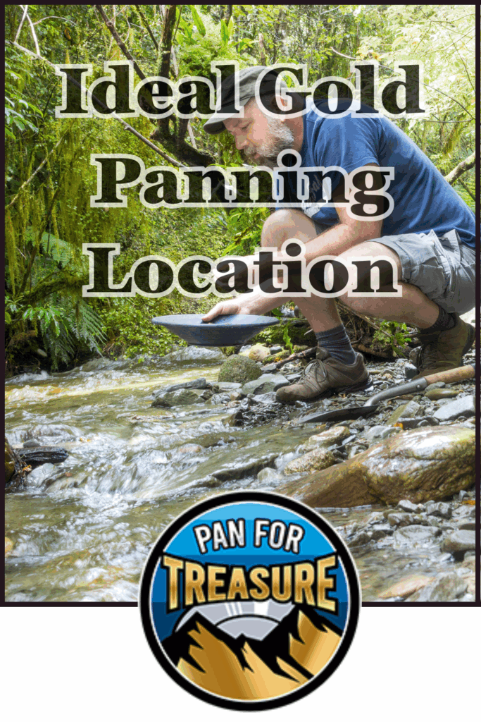 A person panning for gold in a shallow stream surrounded by greenery, with the text "Where to Begin: Selecting the Ideal Gold Panning Location" and a "Pan for Treasure" logo at the bottom.