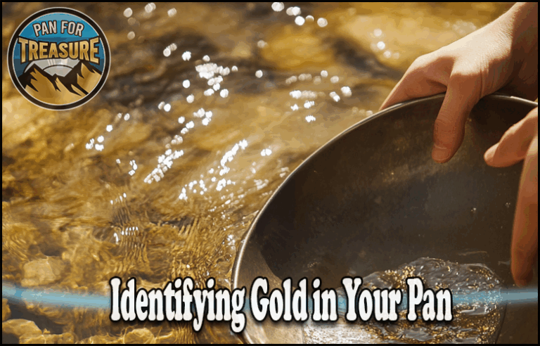 Close-up of hands holding a pan in a shallow stream, panning for gold, with text "Reading the Signs: Identifying Gold in Your Pan" and a "Pan For Treasure" logo in the corner.