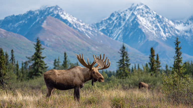 A moose stands in a grassy field with pine trees and snow-capped mountains in the background under a cloudy sky, showcasing the beauty of wildlife conservation.