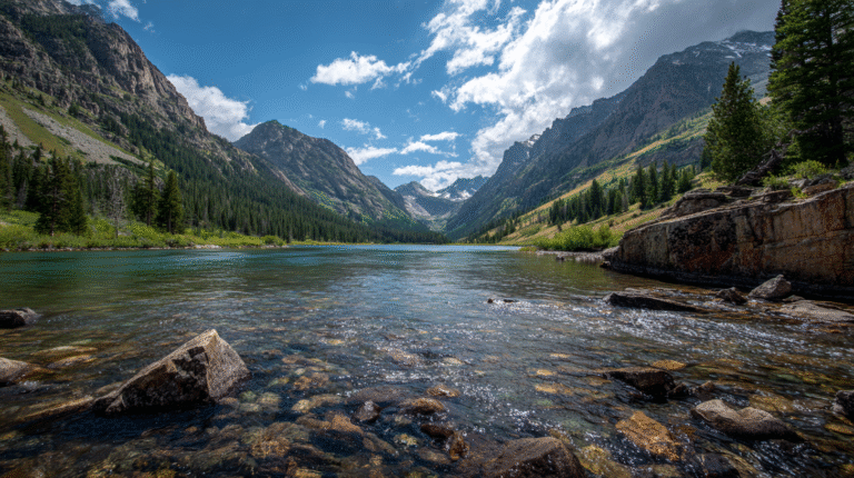 Clear mountain lake with a rocky shore, surrounded by pine trees and tall peaks under a partly cloudy blue sky—an inviting scene for tranquil Gold Panning Journeys amidst pristine wilderness.