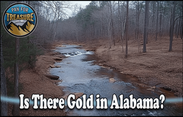 A river winds through a forest of bare trees; the text "Is There Gold in Alabama?" invites curiosity, while a "Pan for Treasure" logo appears in the top left corner.