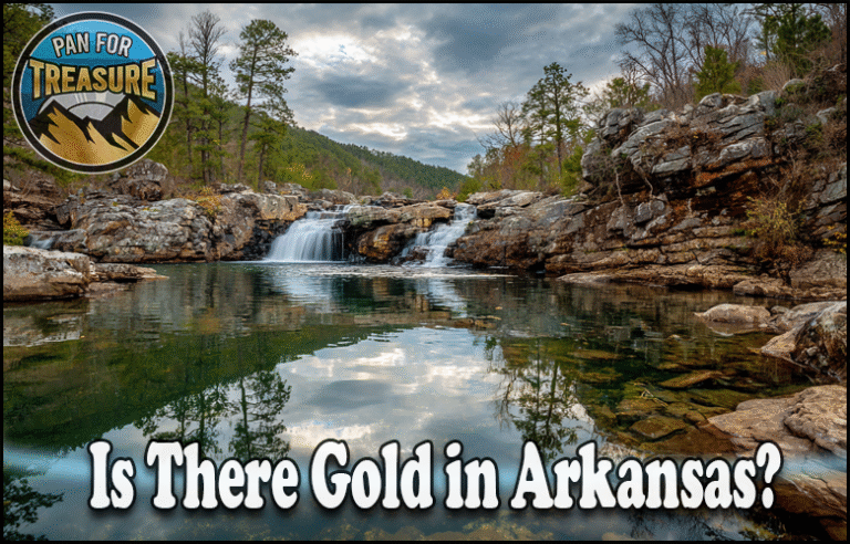 A rocky waterfall surrounded by trees and calm water, with text asking, "Is there gold in Arkansas?" and a "Pan for Treasure" logo in the corner invites you to explore the state's hidden treasures.