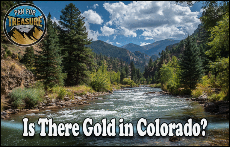 A scenic Colorado river winds between forested mountains; a "Pan for Treasure" badge sits in the upper left. Text reads: "Is there gold in Colorado?"—inviting you to explore this golden mystery.