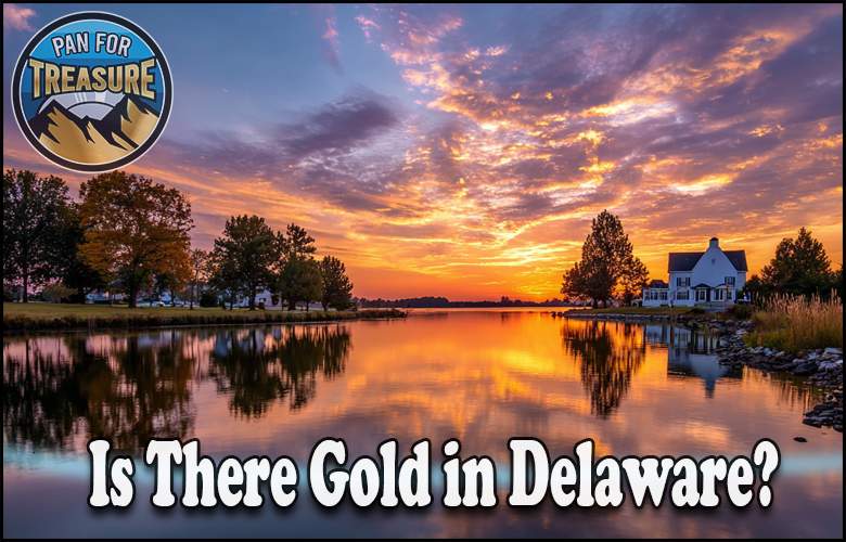 A calm lake at sunset with trees and houses reflected in the water; text reads, "Is there gold in Delaware?" while a "Pan for Treasure" logo appears in the corner, inviting you to ponder the state's hidden riches.
