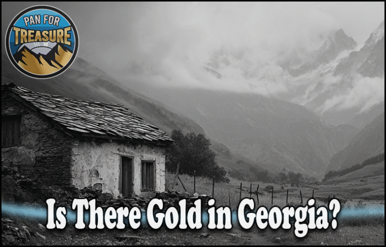 A rustic stone cabin sits in a misty mountain landscape with the text “Is There Gold in Georgia?”—inviting adventurers to explore hidden treasures, marked by a “Pan for Treasure” logo in the upper left corner.