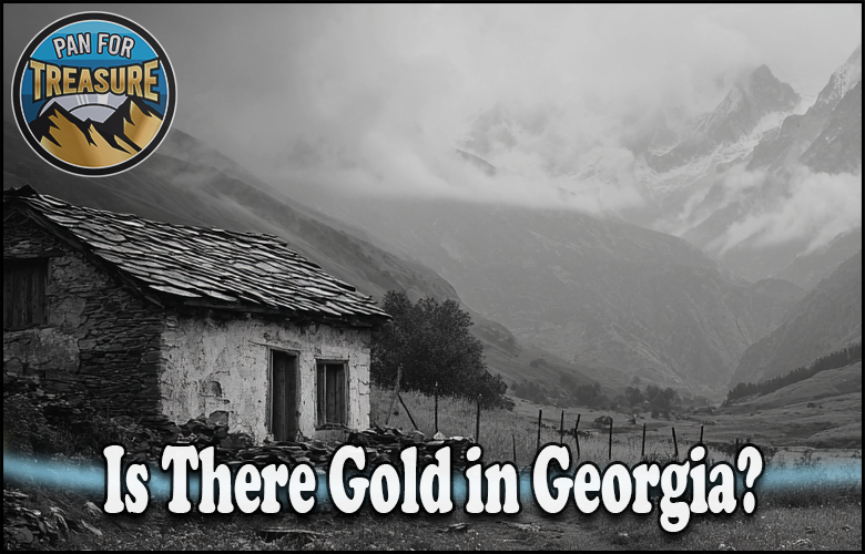 A rustic stone cabin sits in a misty mountain landscape with the text “Is There Gold in Georgia?”—inviting adventurers to explore hidden treasures, marked by a “Pan for Treasure” logo in the upper left corner.