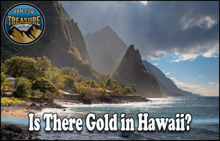A stunning Hawaiian coastline with mountains, palm trees, and ocean waves, overlaid with the question "Is There Gold in Hawaii?" and the "Pan For Treasure" logo in the corner invites you to wonder: Is there gold in Hawaii?.