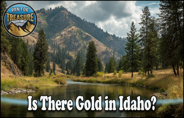 Is There Gold in Idaho A river winds through a grassy valley dotted with pine trees and mountains; the text asks, “Is there gold in Idaho?” while a “Pan for Treasure” logo appears in the corner.