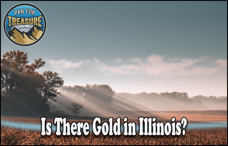 A field with trees and morning mist; overlay text asks, “Is there gold in Illinois?” while the “Pan For Treasure” logo appears in the top left corner.