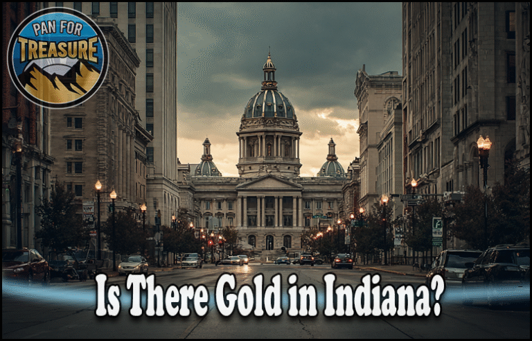 Is There Gold in Indiana A city street in Indiana leads to a domed government building. The "Pan for Treasure" logo and text pose the question: Is there gold in Indiana?.