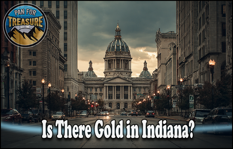 A city street in Indiana leads to a domed government building. The "Pan for Treasure" logo and text pose the question: Is there gold in Indiana?.