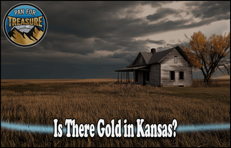 A solitary farmhouse stands in a vast Kansas field under a cloudy sky, with the question "Is there gold in Kansas?" and a bold "Pan for Treasure" logo hinting at adventure.