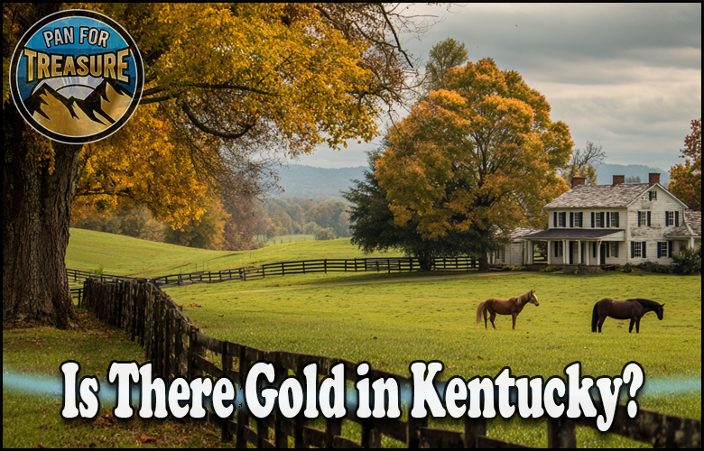 Horses graze near a white farmhouse amid autumn trees in rural Kentucky, with text asking, "Is there gold in Kentucky?" alongside a "Pan for Treasure" logo.