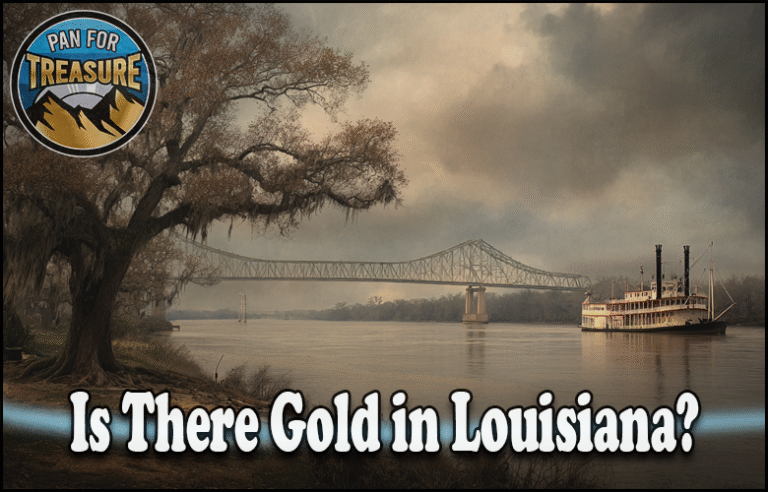 Is There Gold in Louisiana A calm river scene features a paddleboat and a large bridge in the background, with text asking, “Is there gold in Louisiana?” alongside a “Pan for Treasure” logo in the corner.
