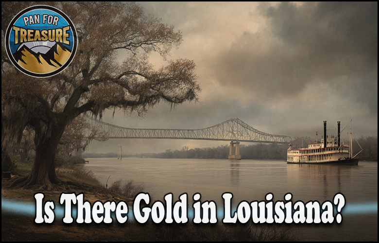 A calm river scene features a paddleboat and a large bridge in the background, with text asking, “Is there gold in Louisiana?” alongside a “Pan for Treasure” logo in the corner.