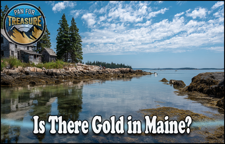 Rocky Maine shoreline with pine trees, a rustic cabin, and calm water under a partly cloudy sky. Text asks, "Is there gold in Maine?" with a "Pan For Treasure" logo in the corner.