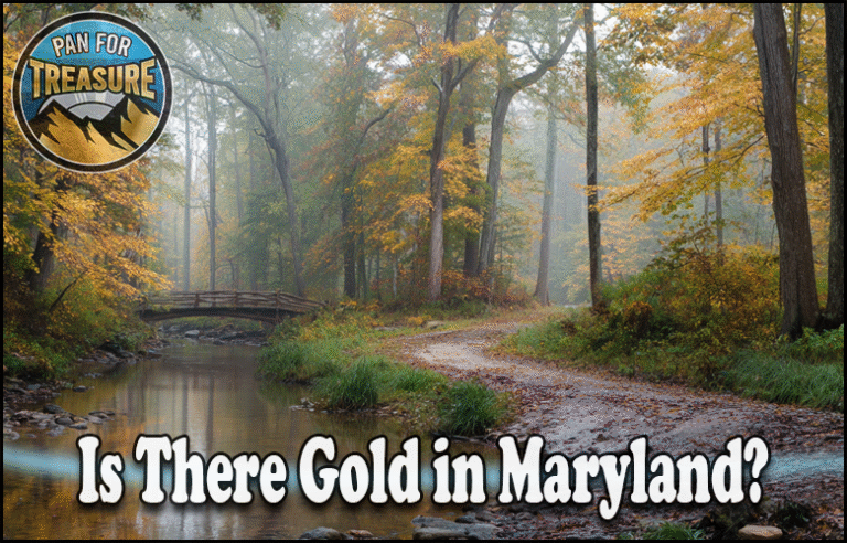 Is There Gold in Maryland A wooded creek in Maryland winds beneath autumn trees and mist, crossed by a footbridge. Text asks, "Is there gold in Maryland?" with a "Pan for Treasure" logo in the corner.