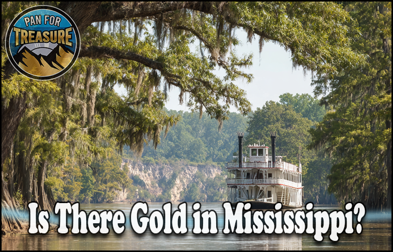 A riverboat drifts on a calm river, surrounded by trees. The question "Is There Gold in Mississippi?" appears alongside a "Pan for Treasure" logo in the corner, inviting adventurers to seek hidden riches.