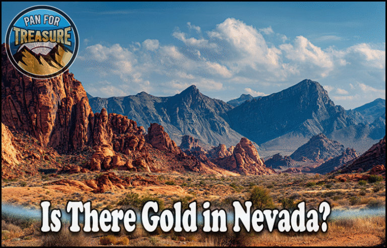 A rocky desert landscape with Nevada mountains and text asking, "Is there gold in Nevada?" plus a "Pan For Treasure" badge in the top left corner, sparks curiosity about hidden riches in this striking terrain.
