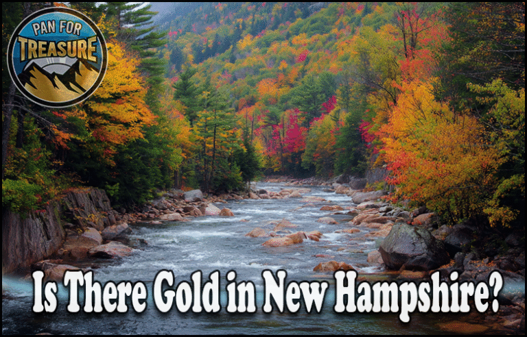 Is There Gold in New Hampshire A river winds through an autumn forest as golden leaves shimmer. The circular "Pan for Treasure" logo sits in the top left, while the text below asks, "Is there gold in New Hampshire?" inviting curiosity and adventure.