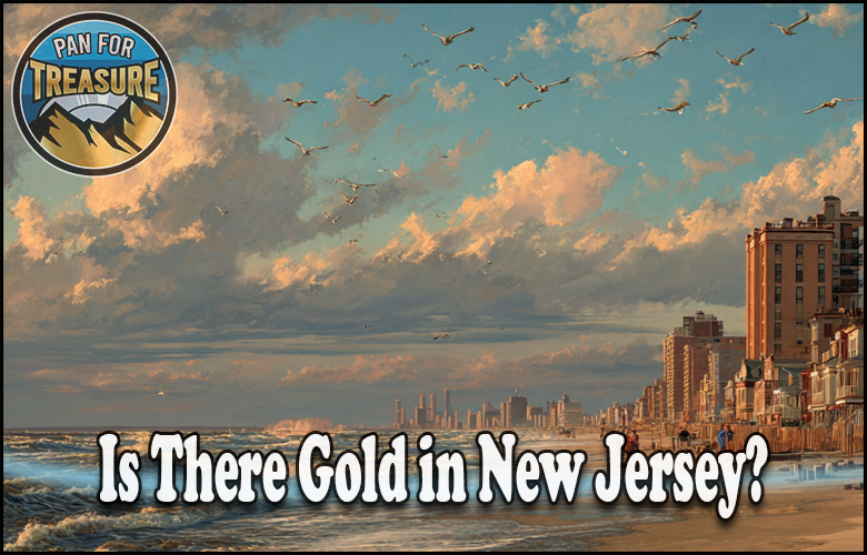 A city beach scene in New Jersey at sunset with seagulls flying overhead, featuring the text "Is there gold in New Jersey?" and a "Pan for Treasure" logo.