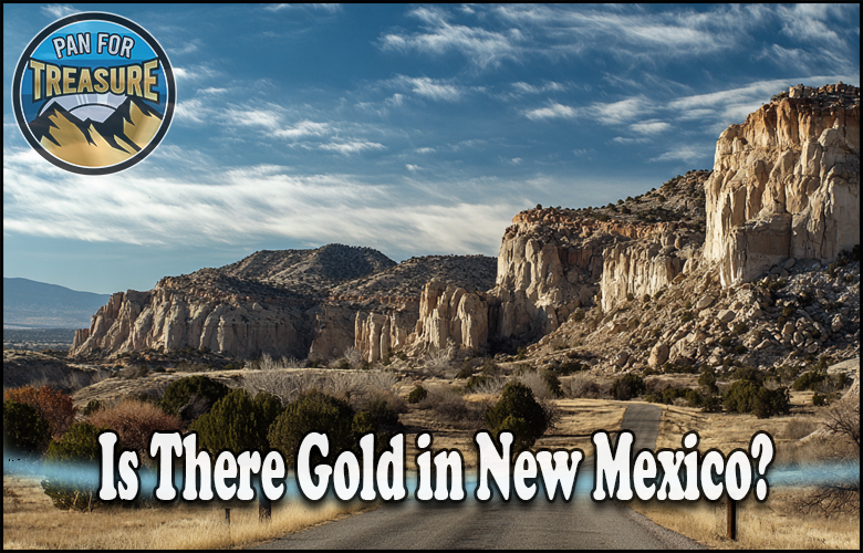 A scenic landscape in New Mexico with rocky cliffs under a blue sky. Text reads, "Is there gold in New Mexico?" and a logo says, "Pan for Treasure.