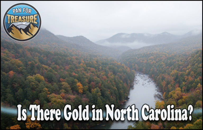 A river winds through forested hills in North Carolina with the text "Is there gold in North Carolina?"—inviting adventurers to discover hidden treasures beside the "Pan For Treasure" logo in the corner.