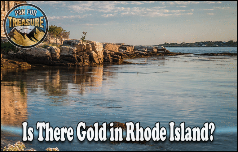 A rocky shoreline with calm water under a partly cloudy sky, overlaid text asks: "Is there gold in Rhode Island?" A "Pan for Treasure" logo sits in the corner, inviting you to discover hidden riches.