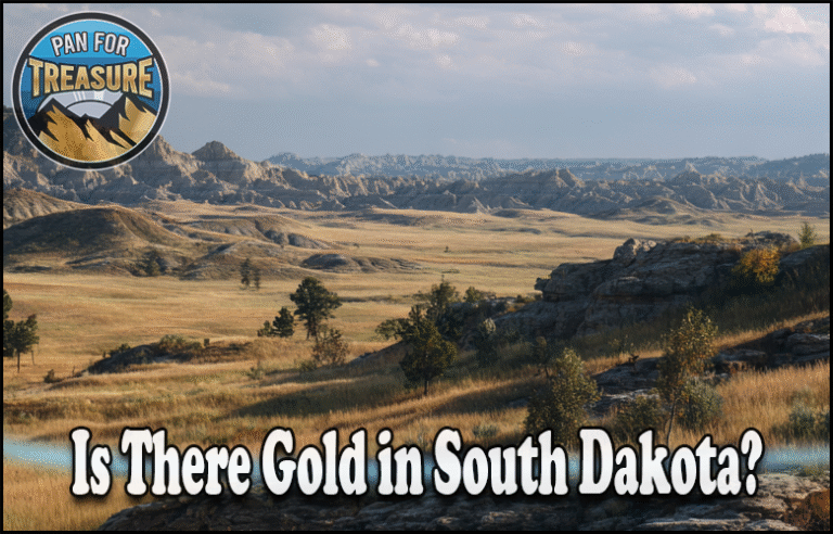 Is There Gold in South Dakota A scenic landscape of South Dakota’s Badlands with text asking, "Is There Gold in South Dakota?" and a circular "Pan for Treasure" logo in the top left corner invites viewers to wonder: Is there gold in South Dakota waiting to be discovered?.