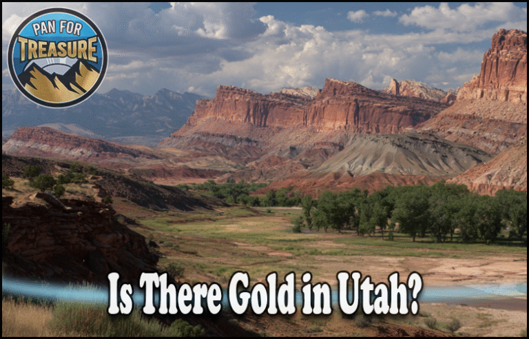 Rocky desert landscape with green vegetation in Utah, under a cloudy sky. The text asks, "Is there gold in Utah?" alongside a "Pan for Treasure" logo in the corner.
