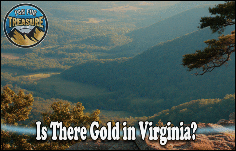 A scenic view of forested mountains with a "Pan for Treasure" logo and the intriguing question: "Is there gold in Virginia?" inviting you to uncover the secrets hidden in Virginia’s rugged landscape.