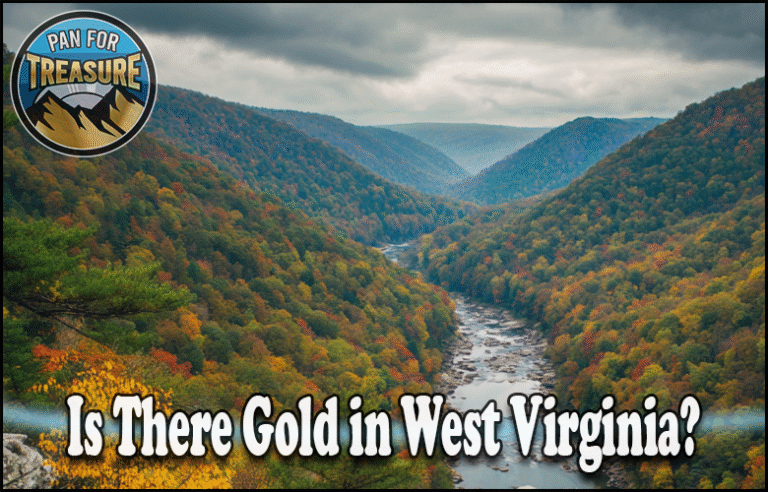 Is There Gold in West Virginia A river winds through tree-covered mountains with vibrant fall foliage under a cloudy sky. Text asks, “Is there gold in West Virginia?” while a “Pan For Treasure” badge appears in the corner, inviting adventure seekers to explore.