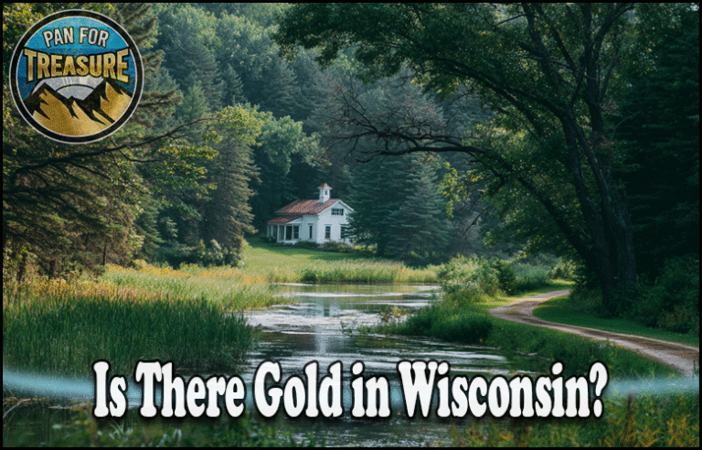 Is There Gold in Wisconsin A rural landscape with a white house by a pond, surrounded by trees, asks "Is there gold in Wisconsin?" in bold text, with a "Pan For Treasure" logo featured in the corner.