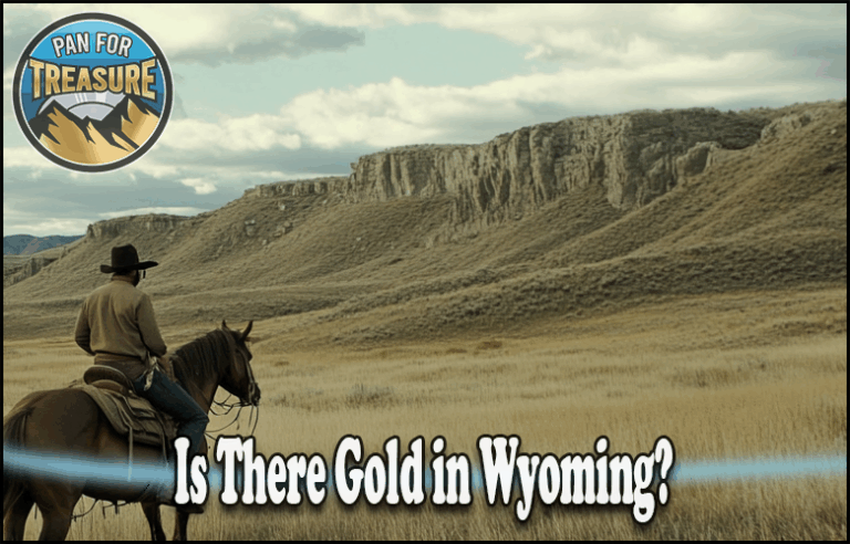 Is There Gold in Wyoming A person on horseback surveys a grassy plain with rocky cliffs in the distance. The text asks, “Is there gold in Wyoming?” alongside a bold “Pan for Treasure” logo.