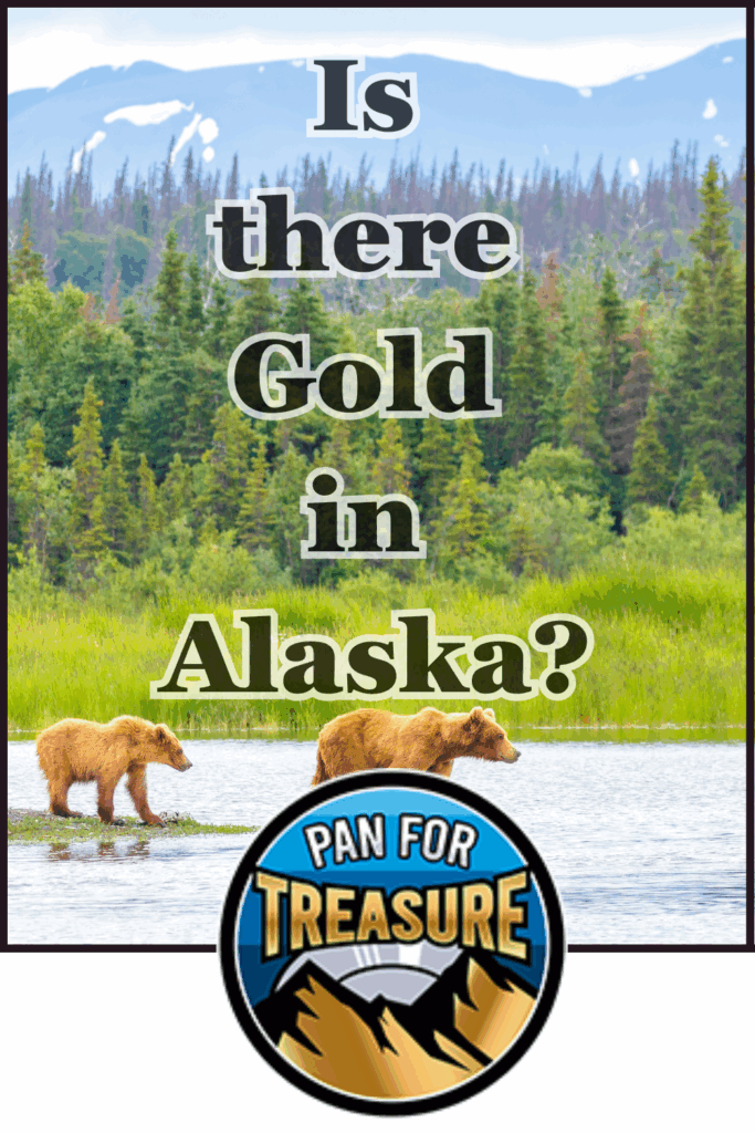 Two brown bears wade through a river with forest and mountains behind them. Text asks, "Is there gold in Alaska?" inviting you to find out with the "Pan for Treasure" logo at the bottom.