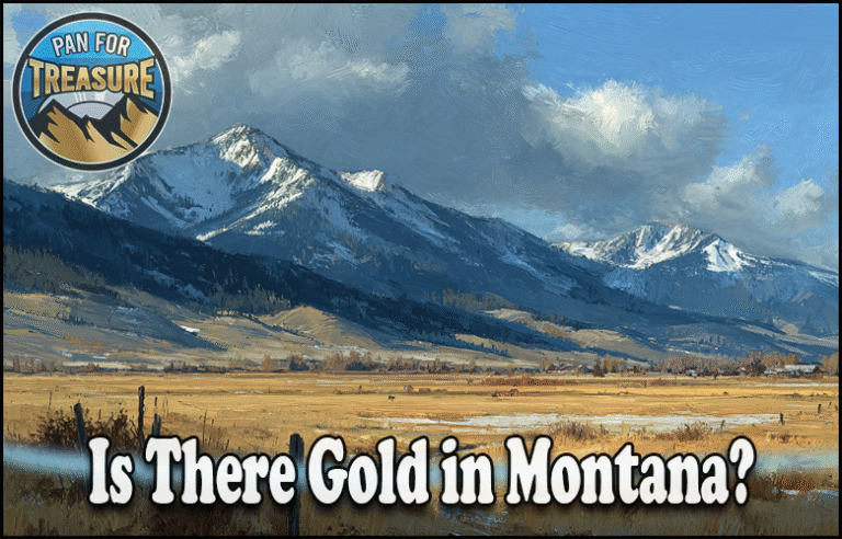 A scenic view of a rural valley with snow-capped mountains; a logo reads "Pan for Treasure" and text wonders, "Is There Gold in Montana?" amidst breathtaking wilderness.