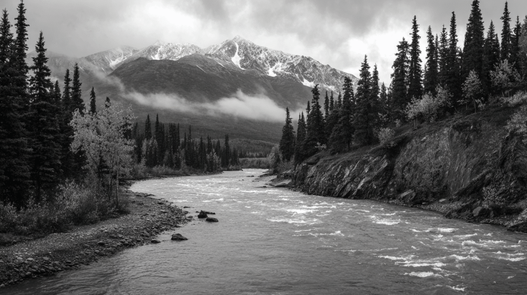 A river flows through a forested valley with pine trees, while snow-capped mountains rise in the background under a cloudy sky-inviting you to wonder, is there gold in Alaska hidden within this rugged landscape?.