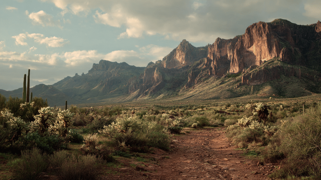 A rugged desert landscape with cacti, shrubs, and a dirt path-perhaps leading treasure seekers to wonder: is there gold in Arizona? Tall, rocky mountains rise under a partly cloudy sky.