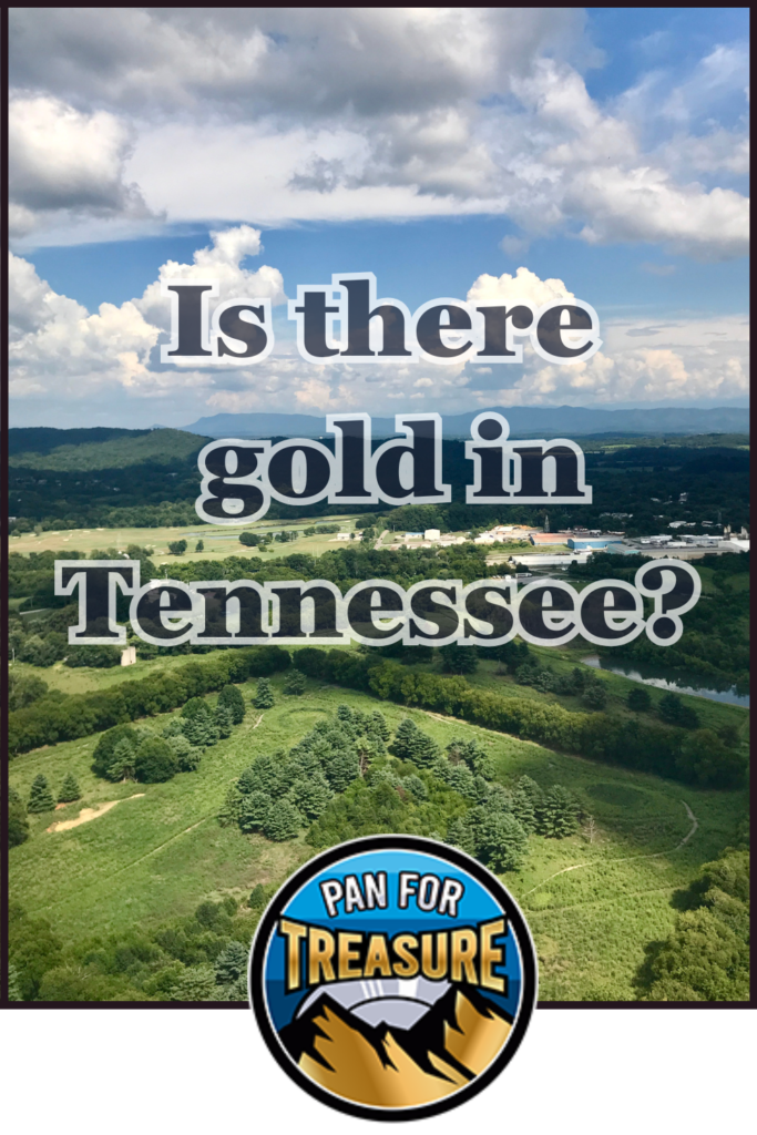 A green landscape with rolling hills under a cloudy sky, the text asks “Is there gold in Tennessee?” A “Pan for Treasure” badge sits at the bottom, inviting adventurers to seek their fortune.