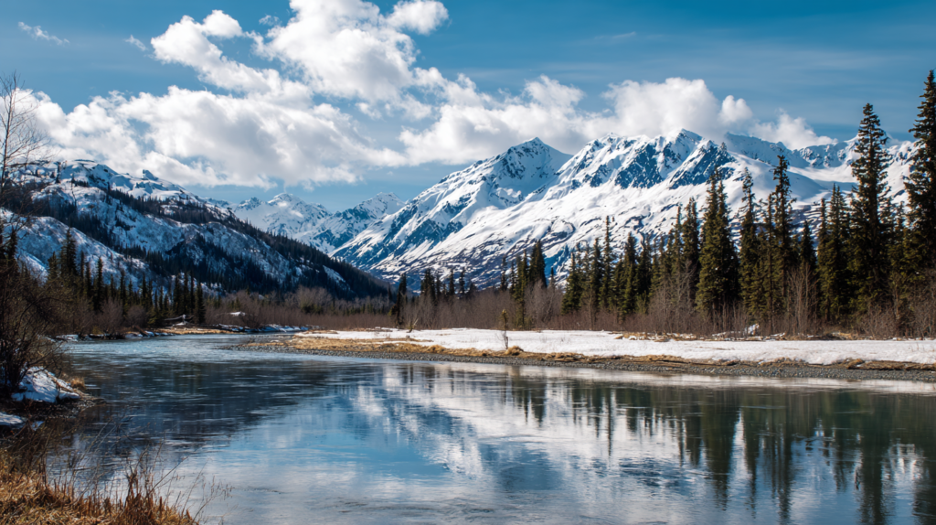 A river reflects snow-covered mountains and evergreen trees under a partly cloudy sky in a wintry landscape, evoking the spirit of exploration inspired by Gold Panning Laws in Alaska.