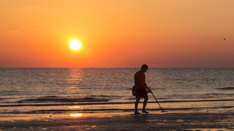 A person follows Metal Detecting Laws and Regulations while using a metal detector on the beach at sunset, with the ocean and sun low in the sky.
