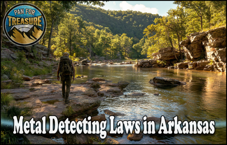 A person with a backpack walks along a rocky riverbank in a forest. Text reads: "Explore Arkansas: Metal Detecting Laws in Arkansas." A round "Pan for Treasure" logo sits in the top left corner.