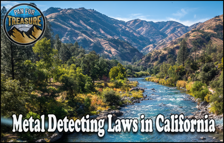 A river winds through a wooded valley with mountains beyond. Text reads "Metal Detecting Laws in California." A circular "Pan for Treasure" logo appears at the top left, highlighting tips on metal detecting laws in California.