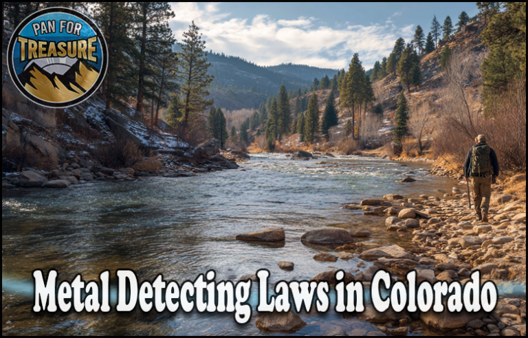 A person explores a rocky riverbank in a forested Colorado landscape; text highlights Metal Detecting Laws in Colorado, with the "Pan for Treasure" logo displayed.