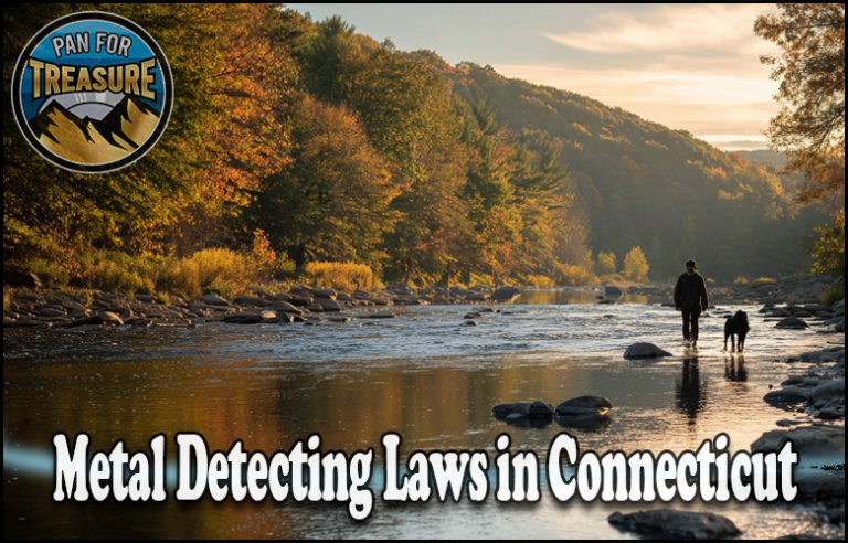 A person and a dog walk along a river surrounded by autumn trees; text reads "Explore Metal Detecting Laws in Connecticut.