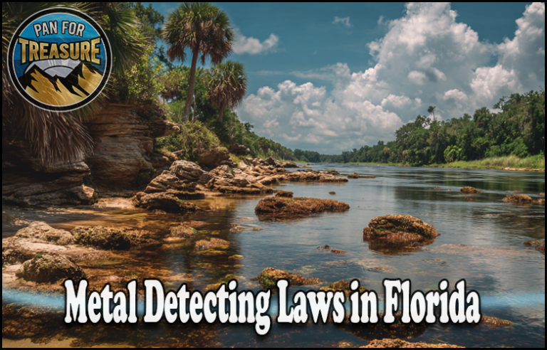 A scenic Florida river with rocks and palm trees under a partly cloudy sky, featuring the text "Metal Detecting Laws in Florida" and a "Pan for Treasure" logo, highlights the beauty and regulations of treasure hunting in the Sunshine State.