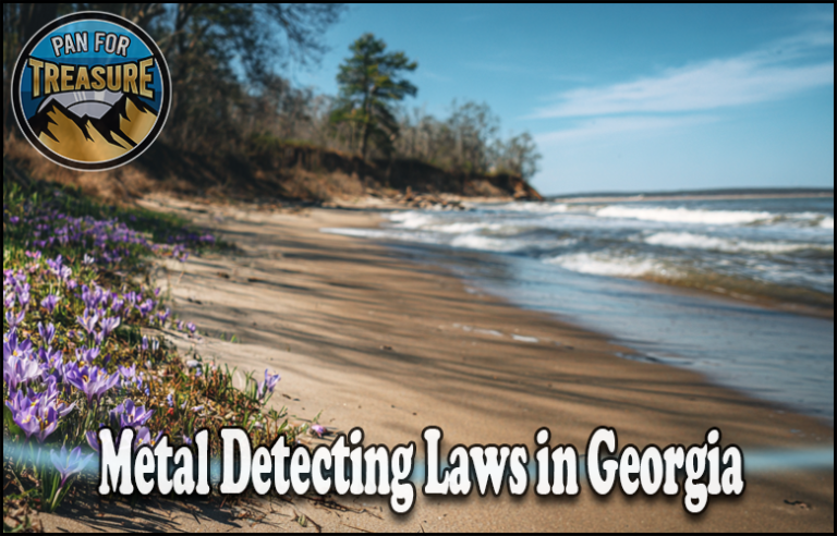 A sandy Georgia beach with flowers in the foreground, trees in the distance, and "Metal Detecting Laws in Georgia" overlaid—perfect for exploring local regulations. Pan For Treasure logo sits in the top left corner.
