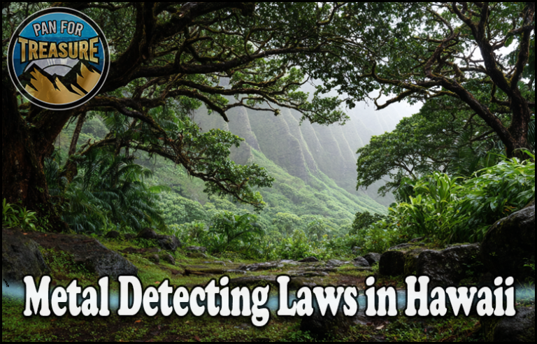 Lush green forest with mountains in the background, a "Pan for Treasure" badge, and text highlighting Metal Detecting Laws in Hawaii.